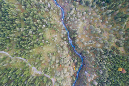 aerial view to forest with cutting blue river canyon at fallの写真素材