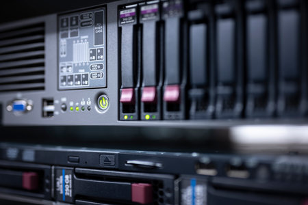 rack-mounted server with hard disk slots, green LED illuminated buttons and depth of fieldの写真素材