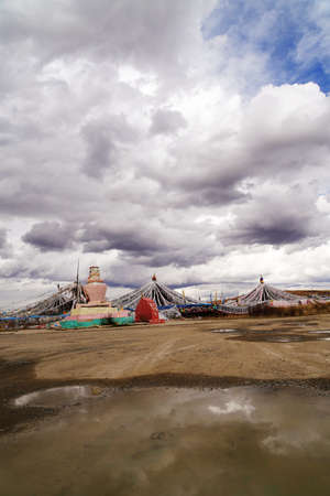 The group of Vache prayer flags is located in Vache Township, Hongyuan County, Sichuan Province.の写真素材