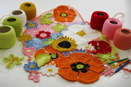 Needlework, yarn and crochets are isolated on whiteの写真素材