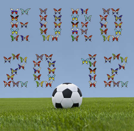 Soccer ball in green grass and butterflys with European flags 