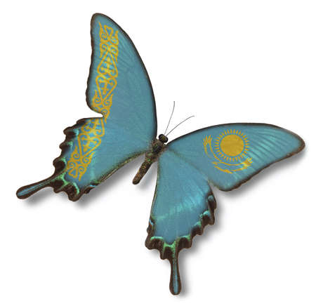 Kazakhstan flag on bitterfly isolated on whiteの写真素材