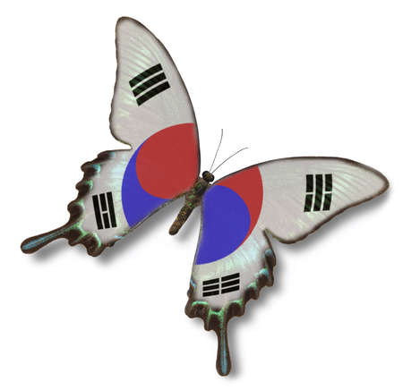 Korea Southern flag on butterfly isolated on whiteの写真素材