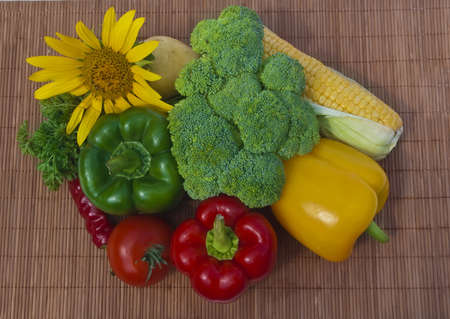The group of fruits and vegetables on wood backgroundの写真素材
