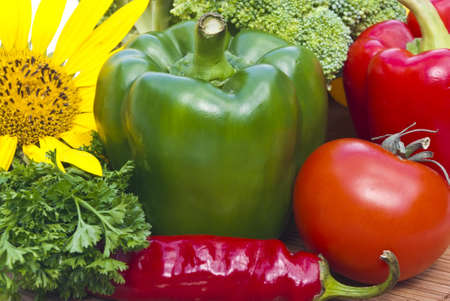 The group of fruits and vegetables on wood backgroundの写真素材