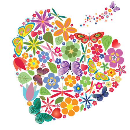 Holiday heart with flowers and butterflies. Vector illustrationのイラスト素材