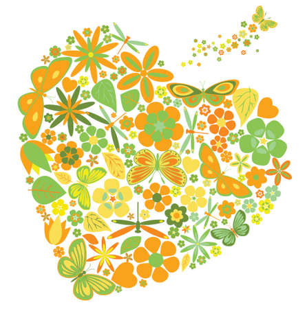 Holiday heart with flowers and butterflies. Vector illustrationのイラスト素材