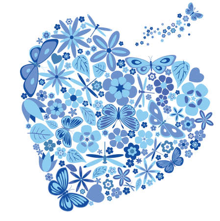 Holiday heart with flowers and butterflies. Vector illustrationのイラスト素材