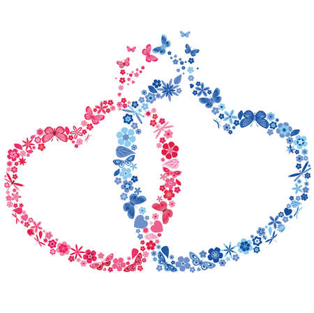 Two heart with flowers and butterflies  Vector illustrationのイラスト素材