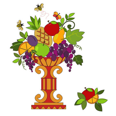 The group of fruits in bowl. Vector illustrationのイラスト素材