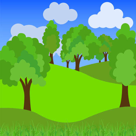 Non urbanscenics, green field and trees, cloudscape. Vector illustrationのイラスト素材