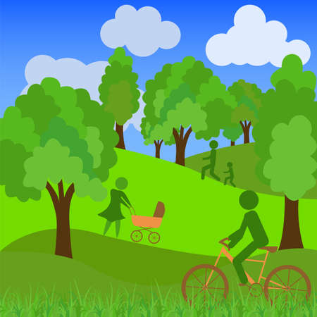 Non urbanscenics, green field and trees, cloudscape. Vector illustrationのイラスト素材