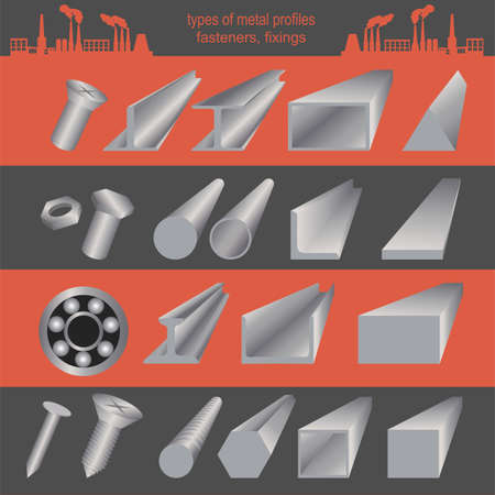 Set of metallurgy icons, metal working tools, steel profiles for creating your own industry infographics.のイラスト素材