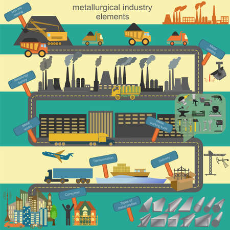 Set of metallurgy icons, metal working tools, steel profiles for creating your own industry infographics.のイラスト素材