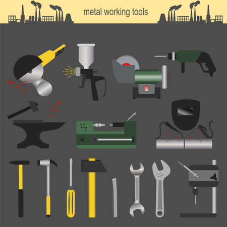Set of metallurgy icons, metal working tools, steel profiles for creating your own industry infographics. のイラスト素材
