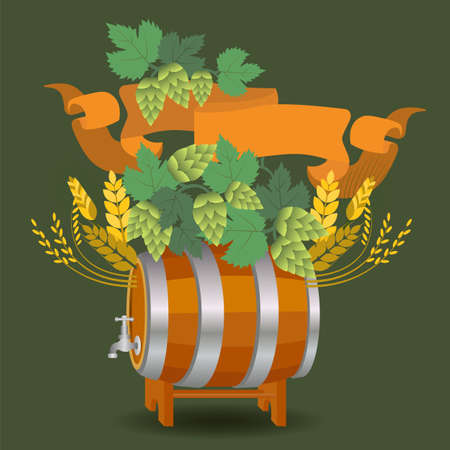 Barrel mug with wheat and hops. Vector illustrationのイラスト素材
