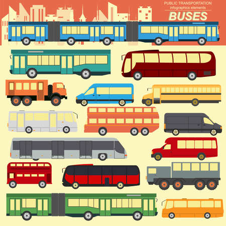 Public transportation, buses. Set elements infographics. Vector illustrationのイラスト素材