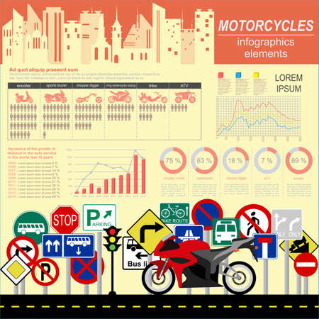 Set of motorcycles elements, transportation infographics.  Vector illustrationのイラスト素材