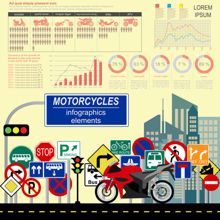 Set of motorcycles elements, transportation infographics.  Vector illustrationのイラスト素材