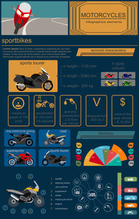 Set of motorcycles elements, transportation infographics.  Vector illustrationのイラスト素材