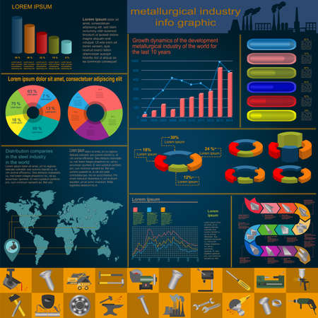 Set of elements and tools of metallurgical industry for creating infograpics. Vector illustrationのイラスト素材