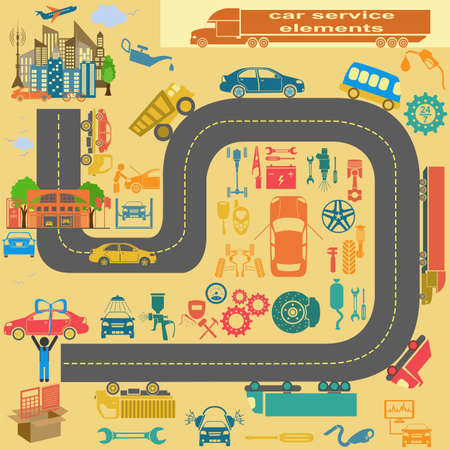 Set of auto repair service elements for creating your own infographics or maps of the car service station. Vector illustrationのイラスト素材