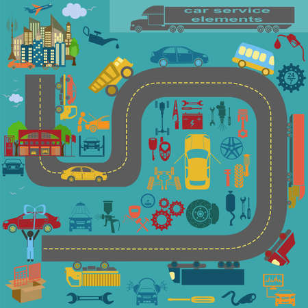 Set of auto repair service elements for creating your own infographics or maps of the car service station. Vector illustrationのイラスト素材