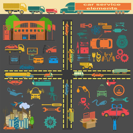 Set of auto repair service elements for creating your own infographics or maps of the car service station. Vector illustrationのイラスト素材