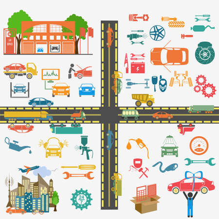 Set of auto repair service elements for creating your own infographics or maps of the car service station. Vector illustrationのイラスト素材