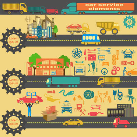 Set of auto repair service elements for creating your own infographics or maps of the car service station. Vector illustrationのイラスト素材