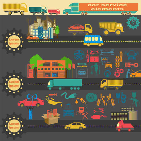 Set of auto repair service elements for creating your own infographics or maps of the car service station. Vector illustrationのイラスト素材