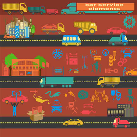 Set of auto repair service elements for creating your own infographics or maps of the car service station. Vector illustrationのイラスト素材