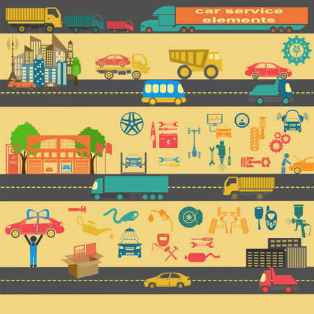 Set of auto repair service elements for creating your own infographics or maps of the car service station. Vector illustrationのイラスト素材