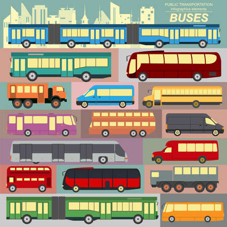 Public transportation, buses. Set elements infographics. のイラスト素材