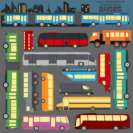 Public transportation, buses. Set elements infographics. のイラスト素材