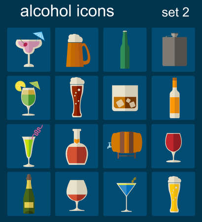 Alcohol drinks icons. 16 flat icons set. Vector illustrationのイラスト素材