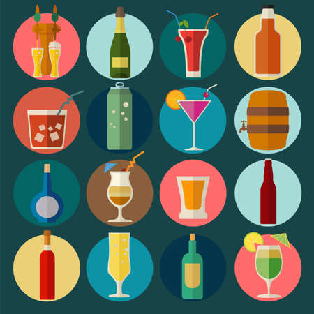 Alcohol drinks icons. 16 flat icons set. Vector illustrationのイラスト素材