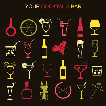 Alcohol drinks icons. 16 flat icons set. Vector illustrationのイラスト素材
