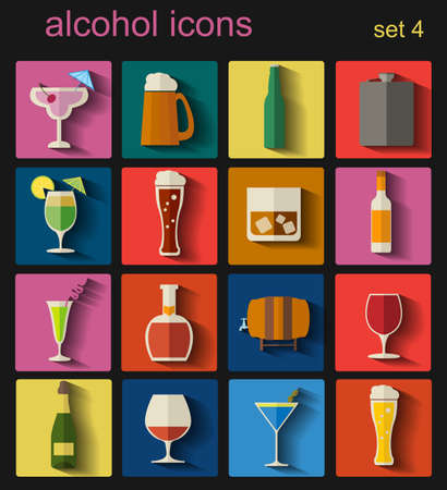 Alcohol drinks icons. 16 flat icons set. Vector illustrationのイラスト素材
