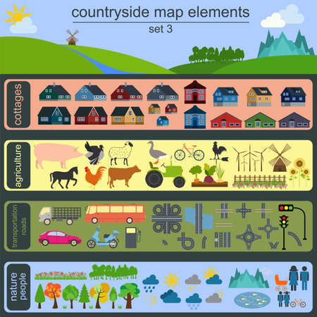 Contryside map elements for generating your own infographics, maps. Vector illustrationのイラスト素材