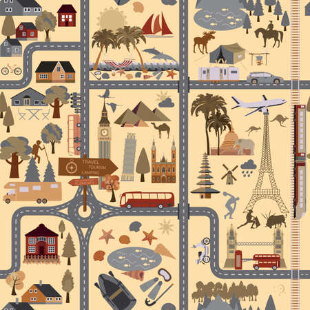 Travel background. Vacations. Beach resort, camping, excursion and landmarks seamless pattern. Vector illustrationsのイラスト素材