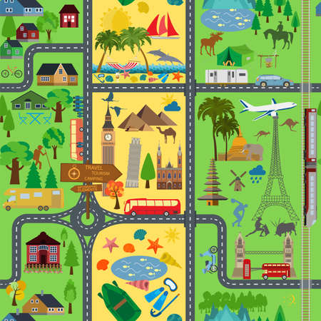 Travel background. Vacations. Beach resort, camping, excursion and landmarks seamless pattern. Vector illustrationsのイラスト素材