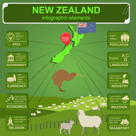 New Zealand infographics, statistical data, sights illustrationのイラスト素材