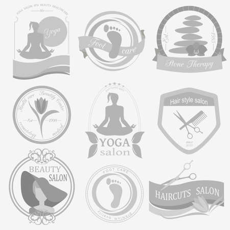Set of vintage hairstyle, body care and cosmetology logos. Vector logo templates and badgesのイラスト素材