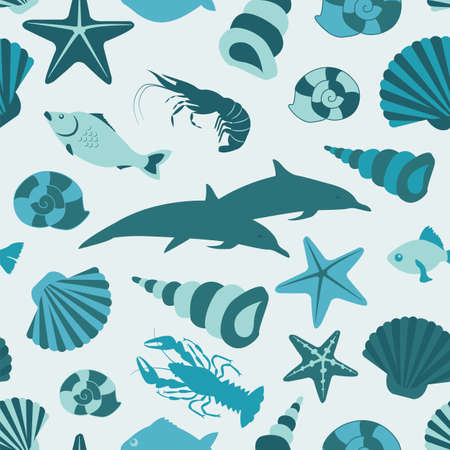 Sea animals seamless pattern. Vector flat style. Vector illustrationのイラスト素材