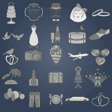 Set of vintage wedding, fashion style and travel elements icons. Vector illustrationのイラスト素材