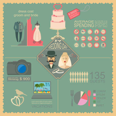 Set of vintage wedding, fashion style and travel infographic elements, templates. Vector illustrationのイラスト素材