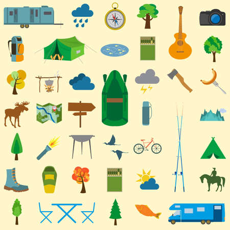 Set camping icon, hiking, outdoors. Vector illustrationのイラスト素材