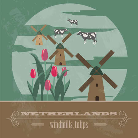 Netherlands landmarks. Retro styled image. Vector illustrationのイラスト素材