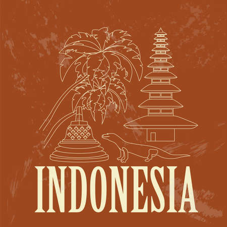 Indonesia landmarks. Retro styled image. Vector illustrationのイラスト素材